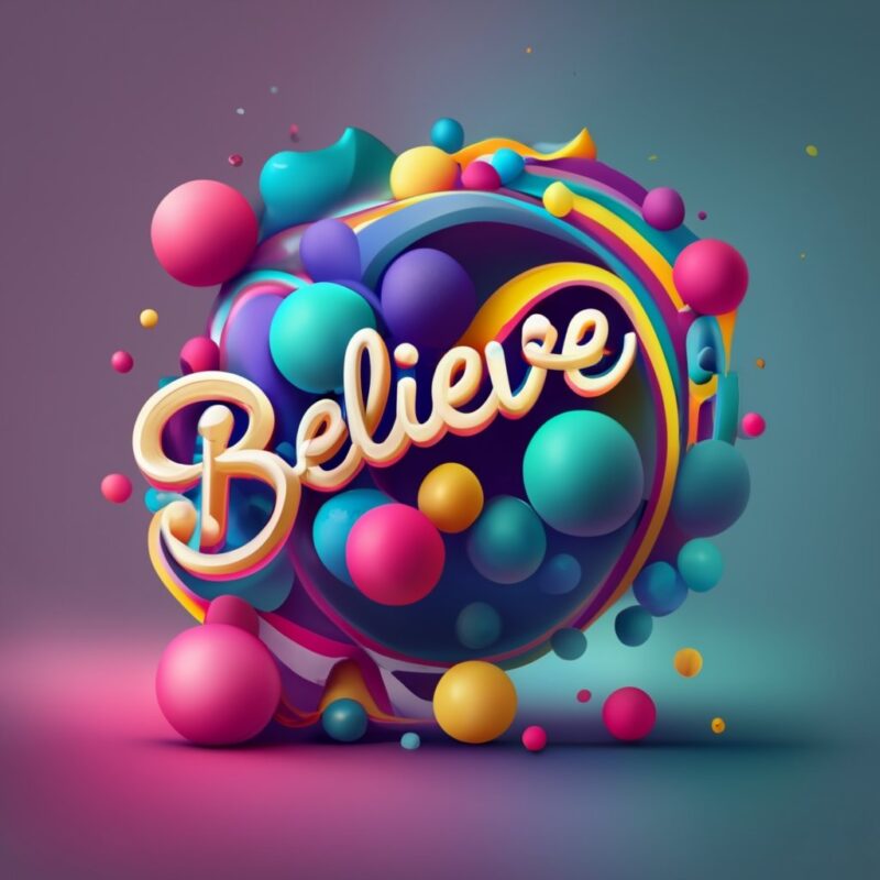 Elegant typography “Believe in your Dreams!” colours, balls, rainbow waves, t-shirt design PNG File