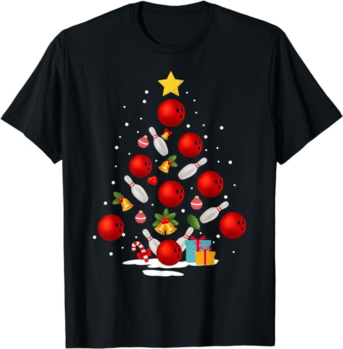 Funny Bowling Christmas Tree Lights Xmas Gifts For Men Women Short Sleeve T-Shirt