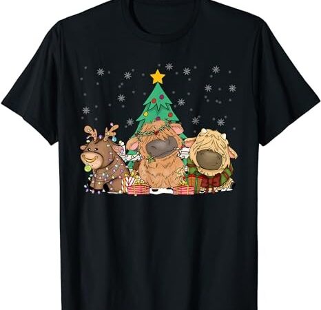 Funny merry christmas cute highland cows xmas tree t-shirt