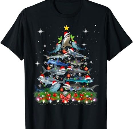 Funny shark fish xmas lighting tree santa shark christmas t-shirt