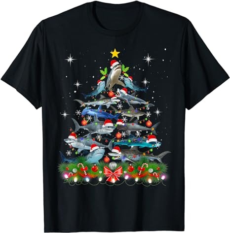 Funny Shark Fish Xmas Lighting Tree Santa Shark Christmas T-Shirt