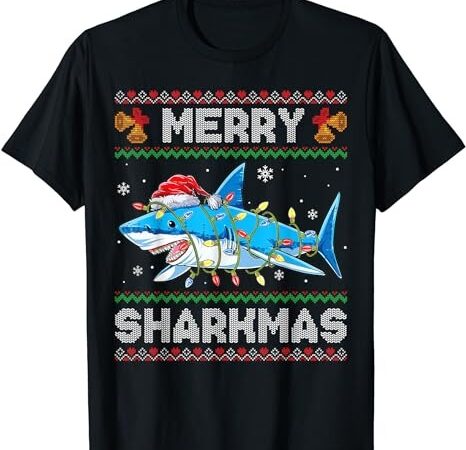 Funny shark merry sharkmas snow xmas lights ugly christmas t-shirt