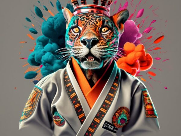 Gabriel t-shirt design, full body jiujutsu fighter jaguar wearing jiu jitsu bjj gi kimono with aztec crown on his head and with explosions o