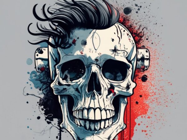 “giovanni” kim t-shirt design, skull with hair. watercolor splashes png file