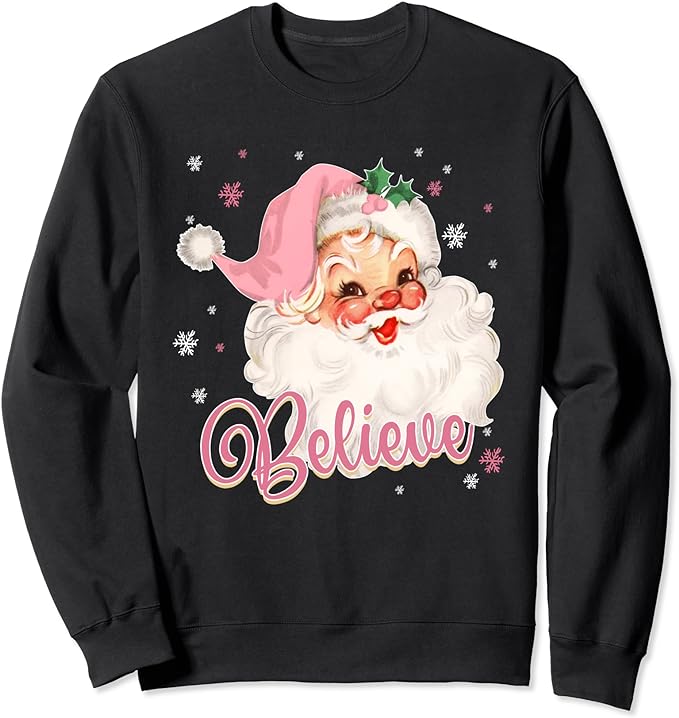 Groovy Retro Pink Santa Claus Believe Christmas Women Kids Sweatshirt