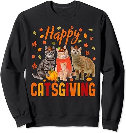 Happy catsgiving cute thanksgiving cat wears pilgrim hat sweatshirt