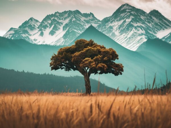 Huge beautiful tree in front of mountains. t shirt design png file