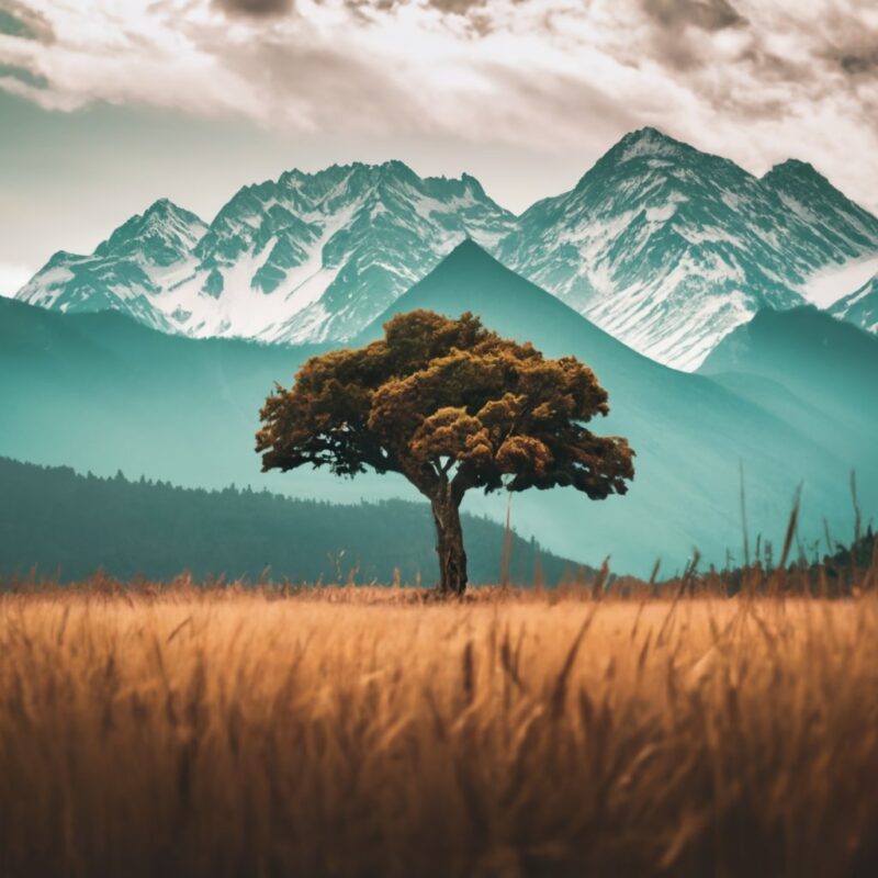 Huge beautiful tree in front of mountains. T shirt design PNG File