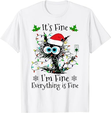 It’s fine i’m fine everything is fine cat christmas lights t-shirt