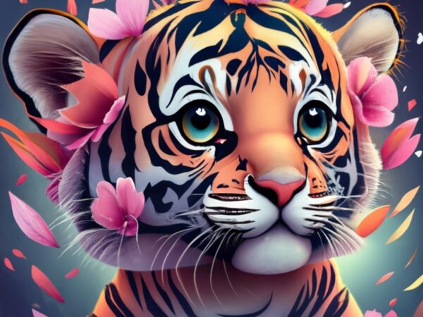 Jaam a cute colorful baby tiger, fantasy flower splashes, modern t-shirt design, studio ghibli style png file