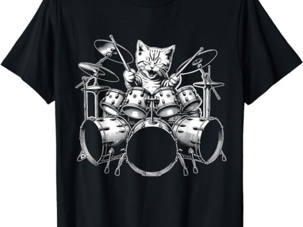 Kitten rock band funny kitty drummer cat playing drums t-shirt