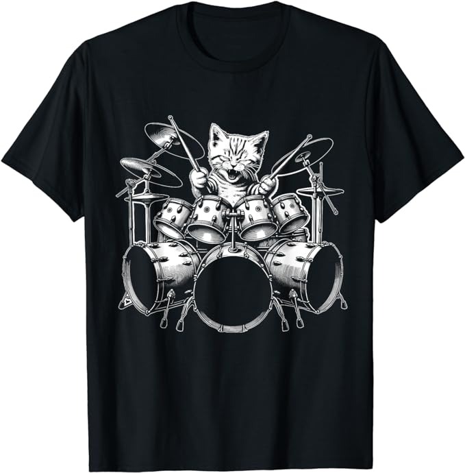 Kitten Rock Band Funny Kitty Drummer Cat Playing Drums T-Shirt