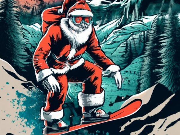 “krystian” t-shirt design, of santa with a clear highly detailed face, wearing ski goggles, snowboarding down a wintery mountain png file