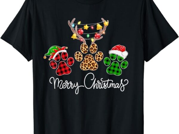 Merry christmas dog paws lights buffalo plaid & leopard xmas t-shirt