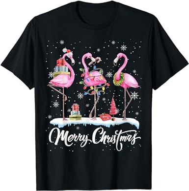 Merry christmas hat santa flamingo light snow xmas pajamas t-shirt