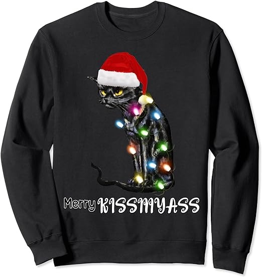 Merry Kissmyass Funny Cat Christmas Lights Sweatshirt PNG File