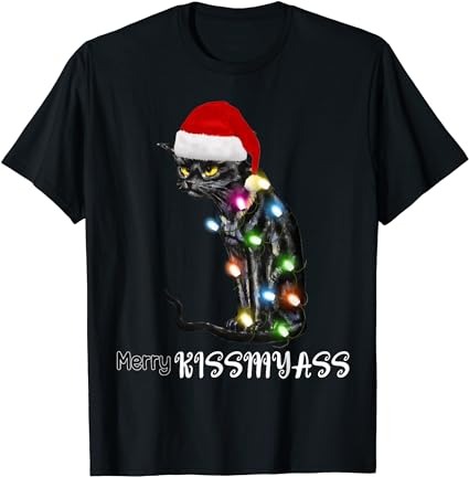 Merry kissmyass funny cat christmas lights t-shirt