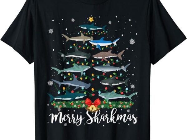 Merry sharkmas funny shark christmas tree lights pajama t-shirt