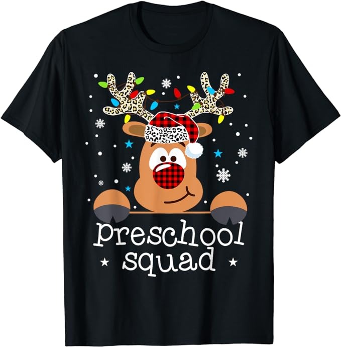 Preschool Squad Plaid Reindeer Santa Hat Teacher Christmas T-Shirt