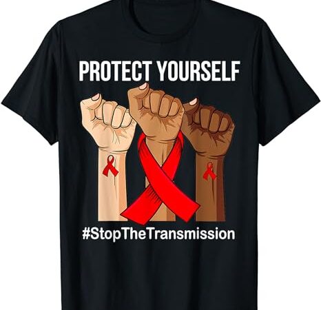 Raising hand protect yourself hivaids awareness red ribbon t-shirt