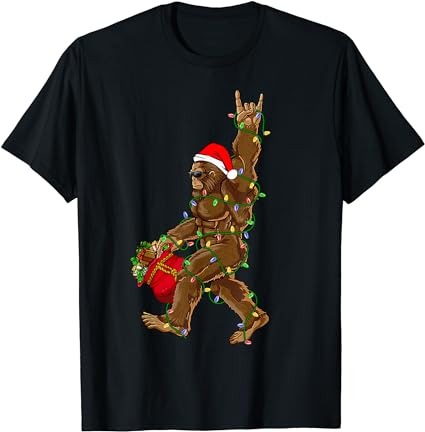 Santa bigfoot christmas lights rock funny sasquatch believe t-shirt