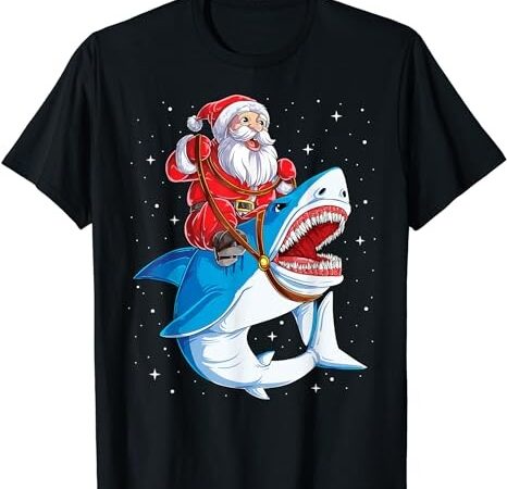 Santa claus riding shark christmas boys merry sharkmas xmas t-shirt 1