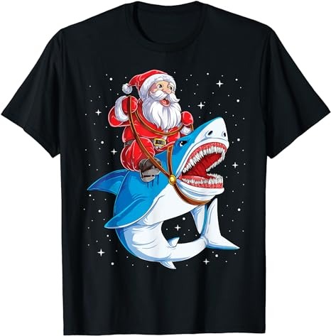 Santa Claus Riding Shark Christmas Boys Merry Sharkmas Xmas T-Shirt 1