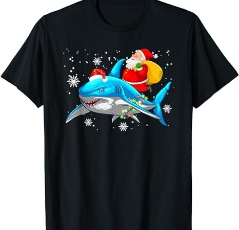 Santa riding shark christmas tree lights ugly pajama t-shirt