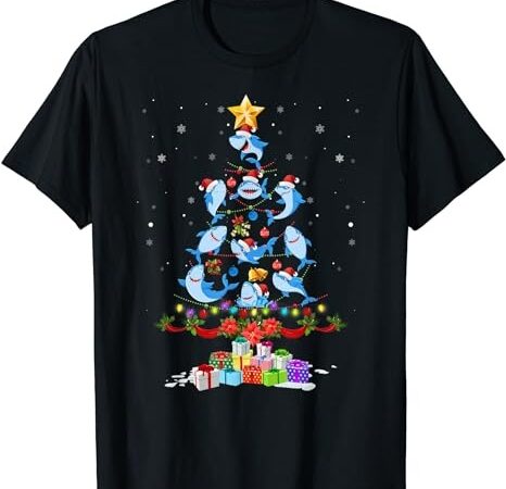 Santa shark christmas tree lights t-shirt