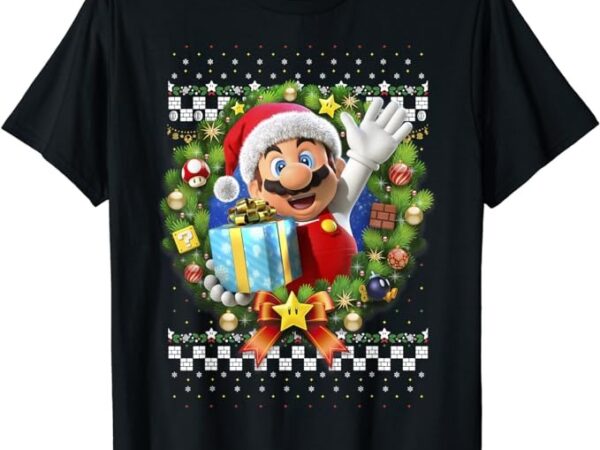 Super mario 3d christmas wreath present graphic short sleeve t-shirt