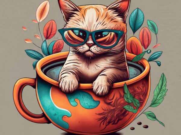 T-shirt design of a cat swimming in a coffee cup, chinese ink colors png file