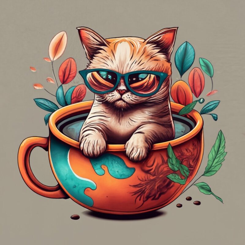 T-shirt design of a Cat swimming in a Coffee cup, Chinese Ink Colors PNG File