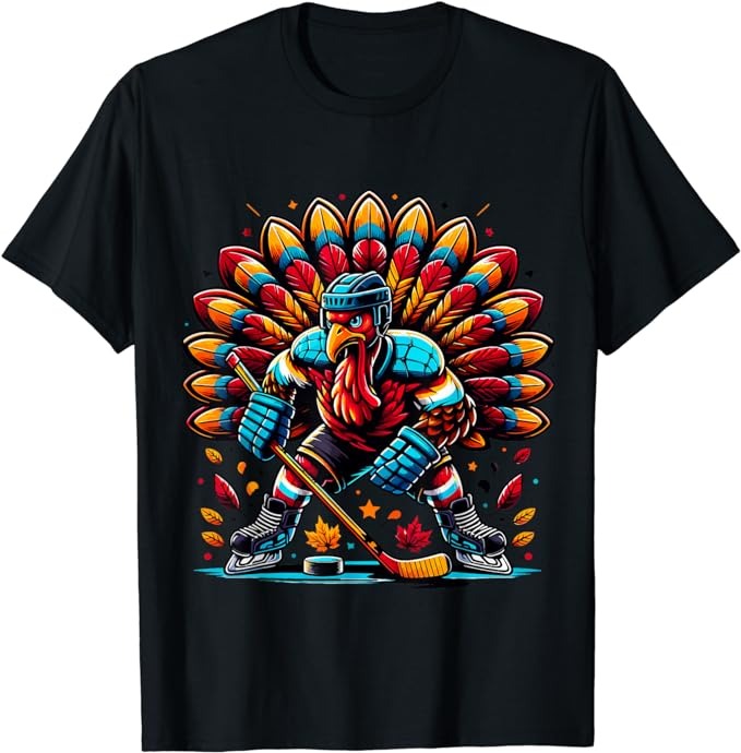 Thanksgiving Ice Hockey Turkey Playing Hockey Thankful T-Shirt