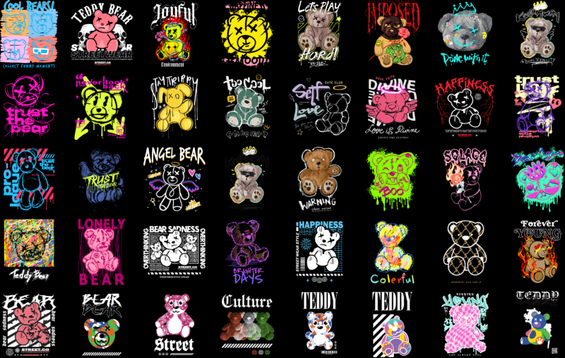 117 Teddy Bear T-Shirt Designs Bundle | Illustration Streetwear Designs | Streetwear T-Shirt Designs | Urban T-Shirt Designs | DTF | DTG