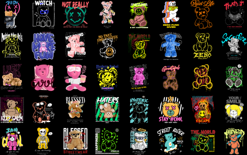 117 Teddy Bear T-Shirt Designs Bundle | Illustration Streetwear Designs | Streetwear T-Shirt Designs | Urban T-Shirt Designs | DTF | DTG