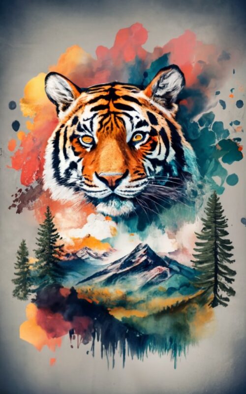 Tshirt design – Double exposure of an Tiger and a mountain, natural scenery, watercolor art PNG File