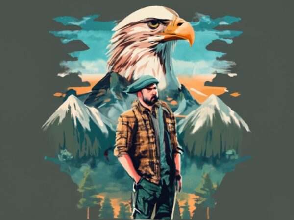 Tshirt design – double exposure of an eagle and a mountain, natural scenery, watercolor art png file