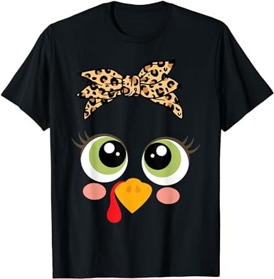 Turkey face girl leopard bow thanksgiving costume turkey t-shirt