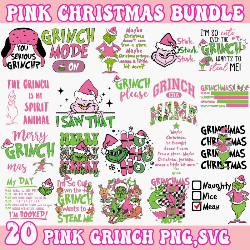 20 Pink Grinch Christmas Bundle, Grinch Bundle Svg, Pink Christmas Bundle Svg, Pink Grinch Bundle