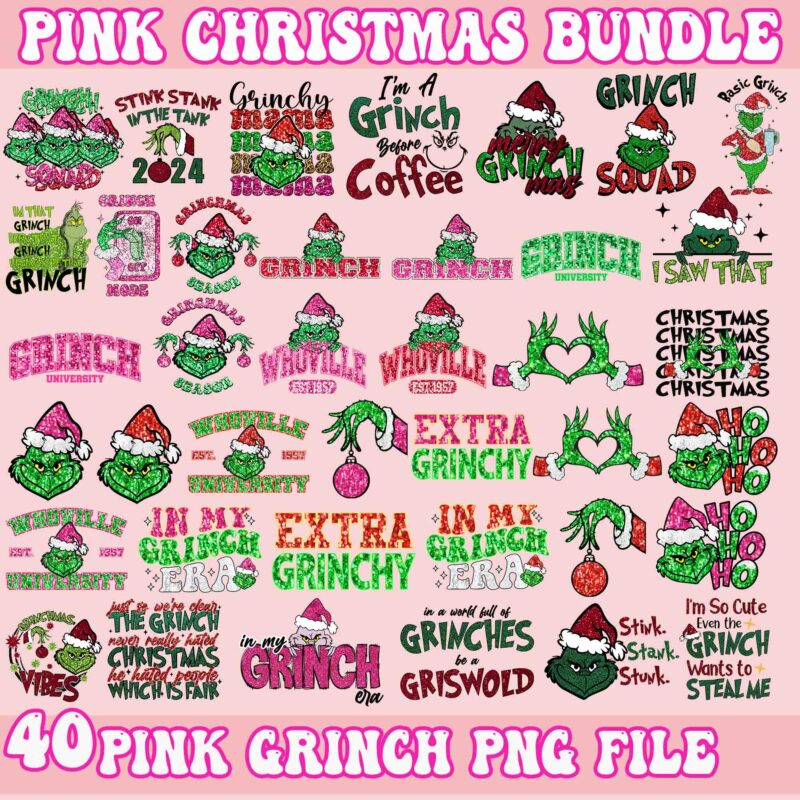 40 Pink Faux Sequin Grinchmas Bundle Png, Grinch Bundle Png, Pink Christmas Bundle Png, Merry, Tumbler, Grnichmas Png, Retro Grinc Png