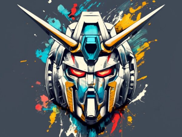 T shirt design of a gundam’s head, in inkblot cartoon style png file