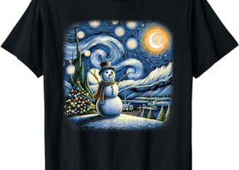 Van Gogh Starry Night Christmas Snowman Winter Snowy Night T-Shirt