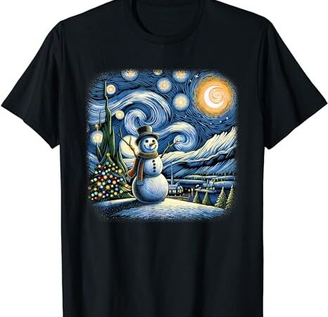 Van gogh starry night christmas snowman winter snowy night t-shirt