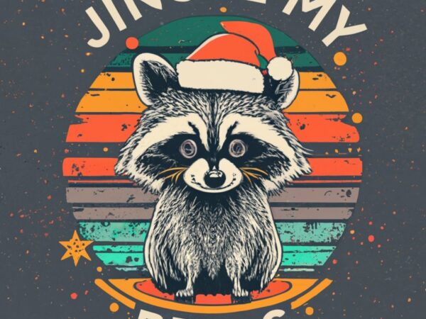 T-shirt design vintage retro sunset distressed black style design, christmas style, a cute raccoon wearing a santa hat, with text ” jingle m