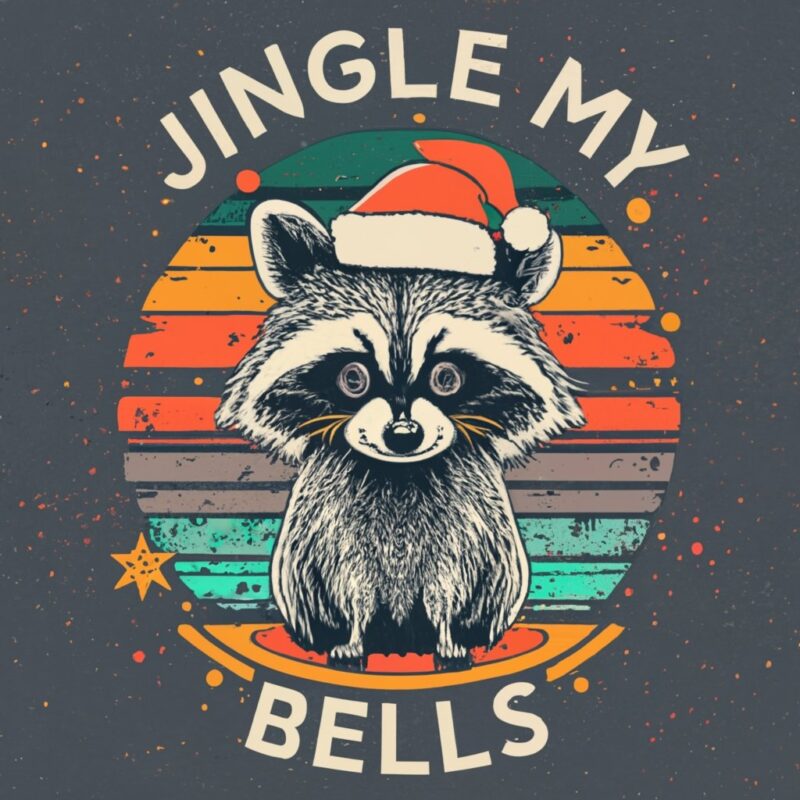 t-shirt design Vintage retro sunset distressed black style design, Christmas style, a cute raccoon wearing a santa hat, with text ” Jingle M