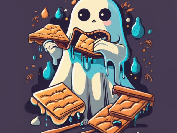 T-shirt design, a ghost eating ooey and gooey, dripping s’mores png file