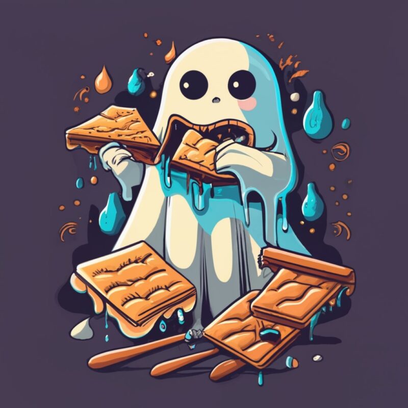 t-shirt design, a ghost eating ooey and gooey, dripping s’mores PNG File