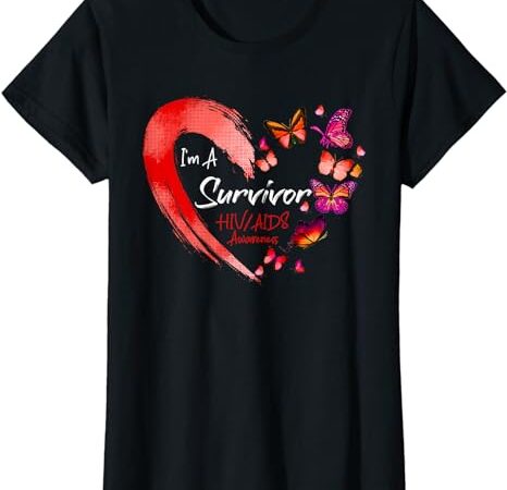 Womens i’m a survivor hivaids awareness red butterfly heart t-shirt