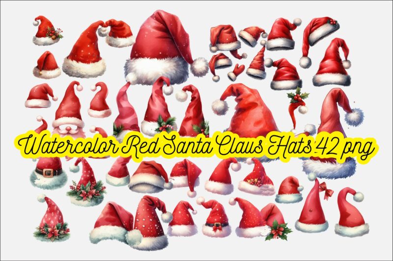 Watercolor Red Santa Claus Hats PNG Sublimation Bundle