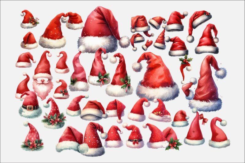 Watercolor Red Santa Claus Hats PNG Sublimation Bundle